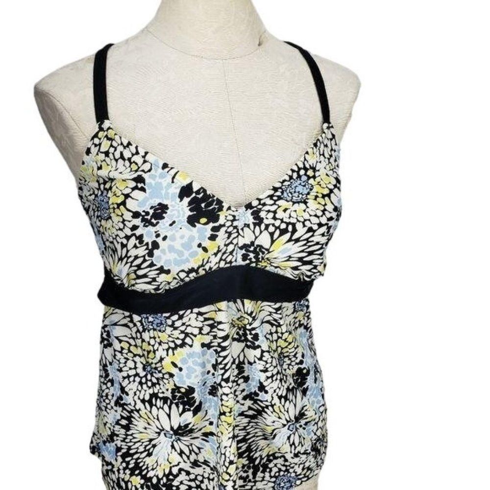 Coco‎ Beach Black Floral Medium Tankini Top Swim Suit
